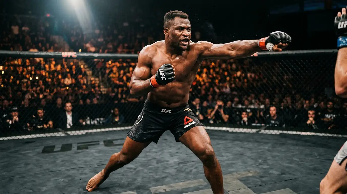 UFC fighter throwing a heavy punch inside the octagon under arena spotlights during a UK fight night
