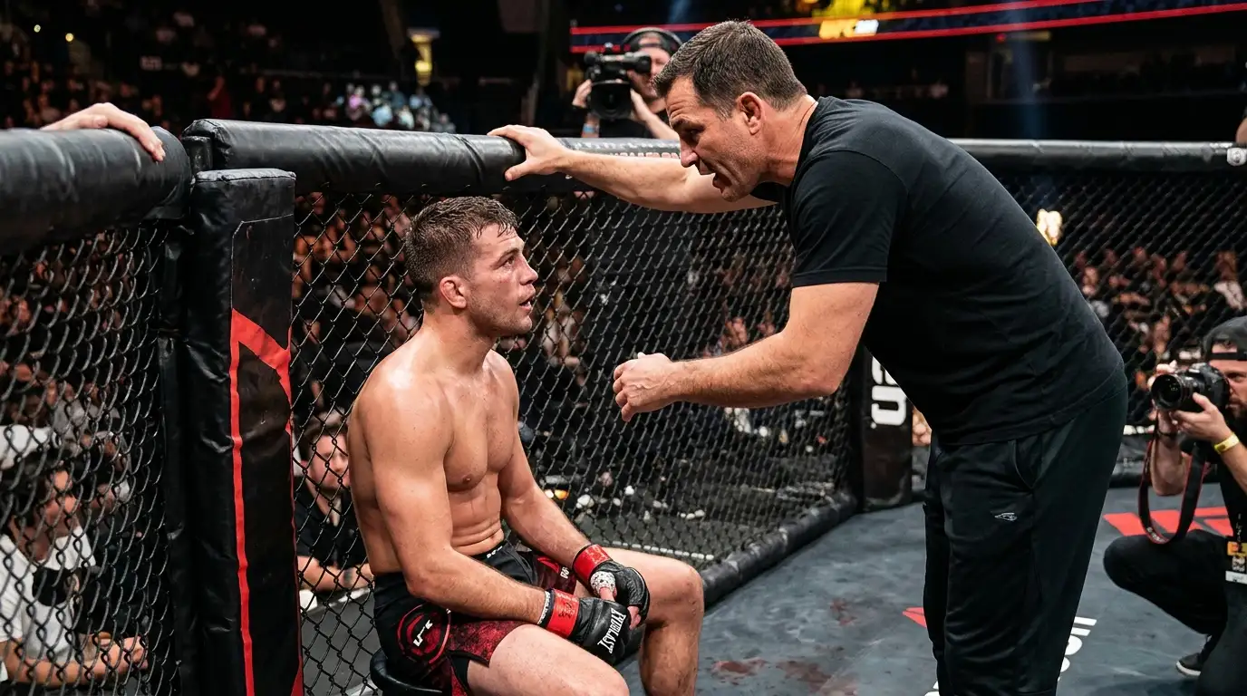 MMA cornerman leaning into the octagon fence giving instructions to his fighter between rounds