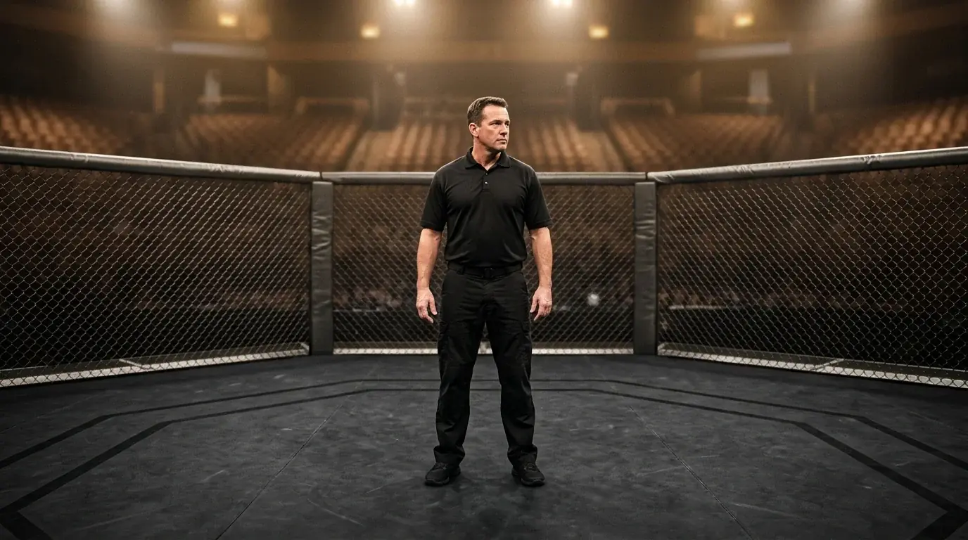 MMA referee in a black shirt standing inside the octagon at the centre of the cage